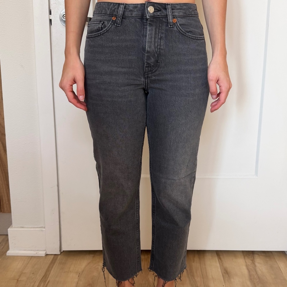 Topshop Washed Black Mid-Rise Straight Leg Denim Jeans